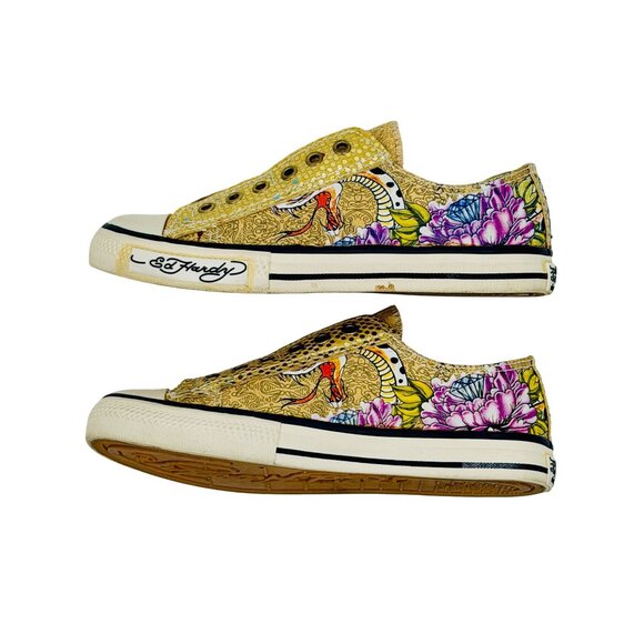 Vtg Y2K Ed Hardy Yellow Canvas Sneakers| McBling Grunge Sleaze Baddie Streetwear - Picture 2 of 16